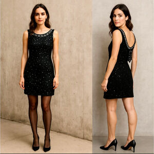 VINTAGE 1970s Stenay 8 Beaded Pearls Sequins Sleeveless Dress 100% Silk Black